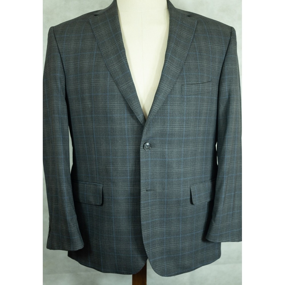 Jos. A. Bank Reserve Reda Super 130s Wool 2 Piece Suit Grey Blue Plaid 44S 38W